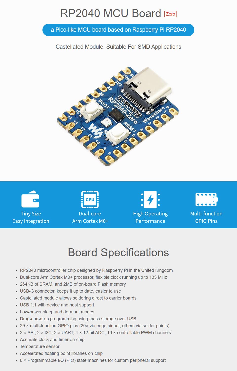 Waveshare RP2040-Zero High-Performance Pico-Like MCU Board Based On Raspberry Pi Microcontroller RP2040 Castellated Module Allows Soldering Direct to Carrier Boards-3pcs