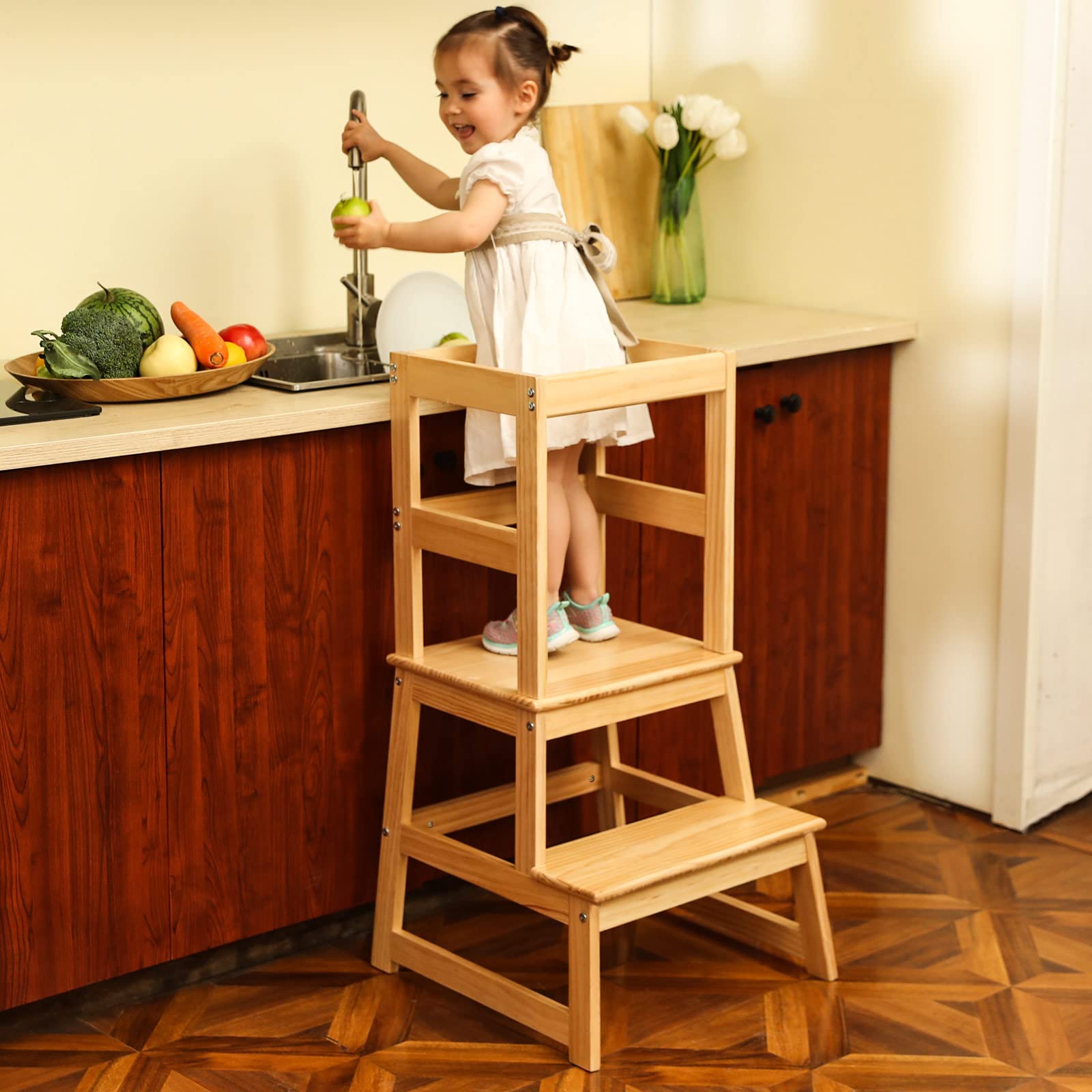 Kitchen Step Stool for Kids with Safety Rail,Toddler Standing Tower for Kitchen Counter, Baby Montessori Stool,Solid Wood Construction,Natural