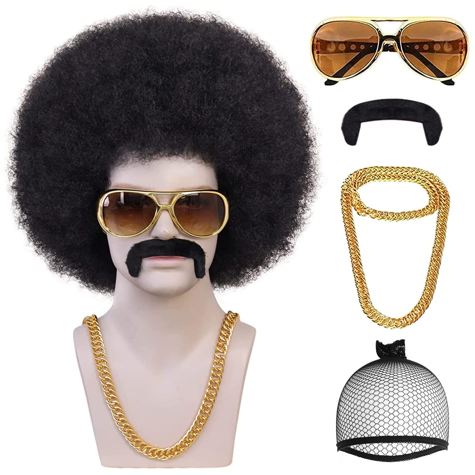 Ebingoo 5Pcs Afro Wig Mens Disco Wig Black 70s Wig for Men 80s Wig Short Curly Wig Rocker Wig Punk Wig for Mens Boys Party Halloween (+1 Wig Cap＋1 Necklace+ 1 Beard + 1 Glasses)