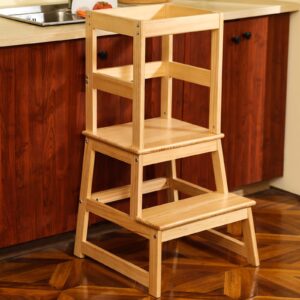 kitchen step stool for kids with safety rail,toddler standing tower for kitchen counter, baby montessori stool,solid wood construction,natural