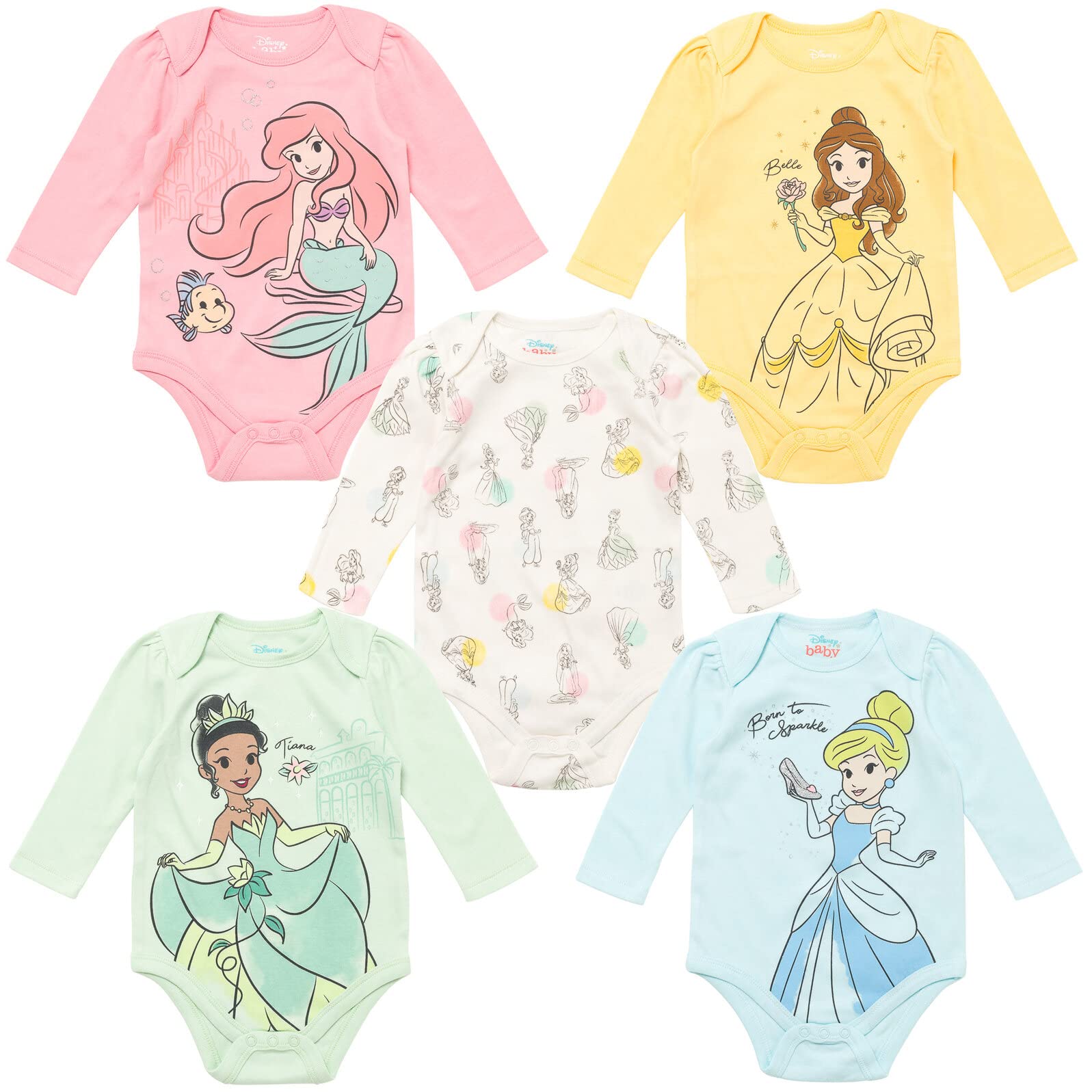 Disney Princess Ariel Belle Cinderella Newborn Baby Girls 5 Pack Bodysuits blue/green/Pink/White/Yellow 3-6 Months