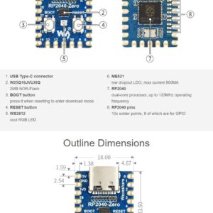 Waveshare RP2040-Zero High-Performance Pico-Like MCU Board Based On Raspberry Pi Microcontroller RP2040 Castellated Module Allows Soldering Direct to Carrier Boards-3pcs