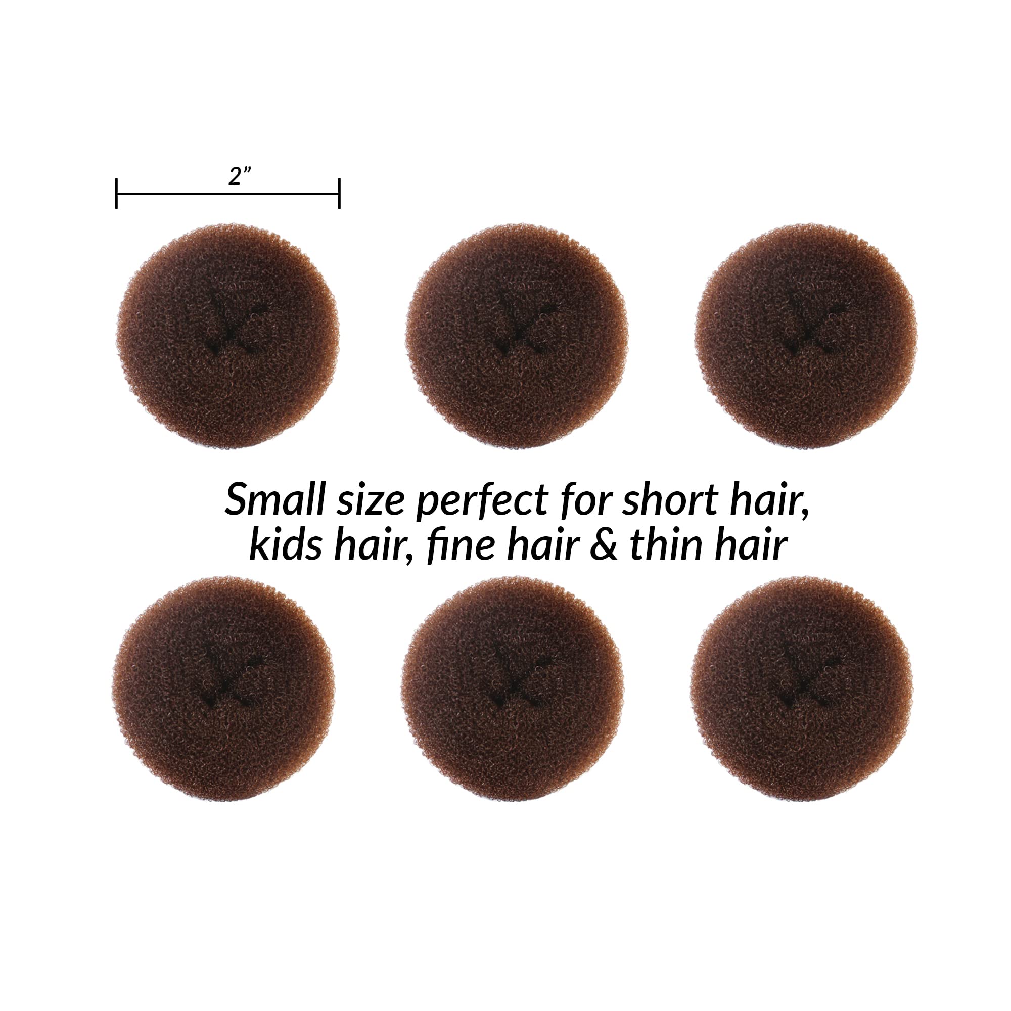 Styla Hair Small Donut Bun Maker for Kids Hair Buns - Easy Ballet and Sock Buns (6pc Brown 2 Inch Size)