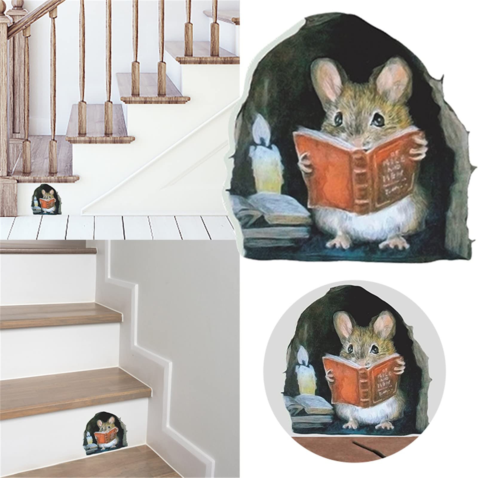 3D Mouse Hole Wall Stickers 3Pcs Mouse Reading Book in Wall Decals Water Funny Wall Stickers for Bedroom Nursery Wall Decor Mouse Stickers Valentines for Kids