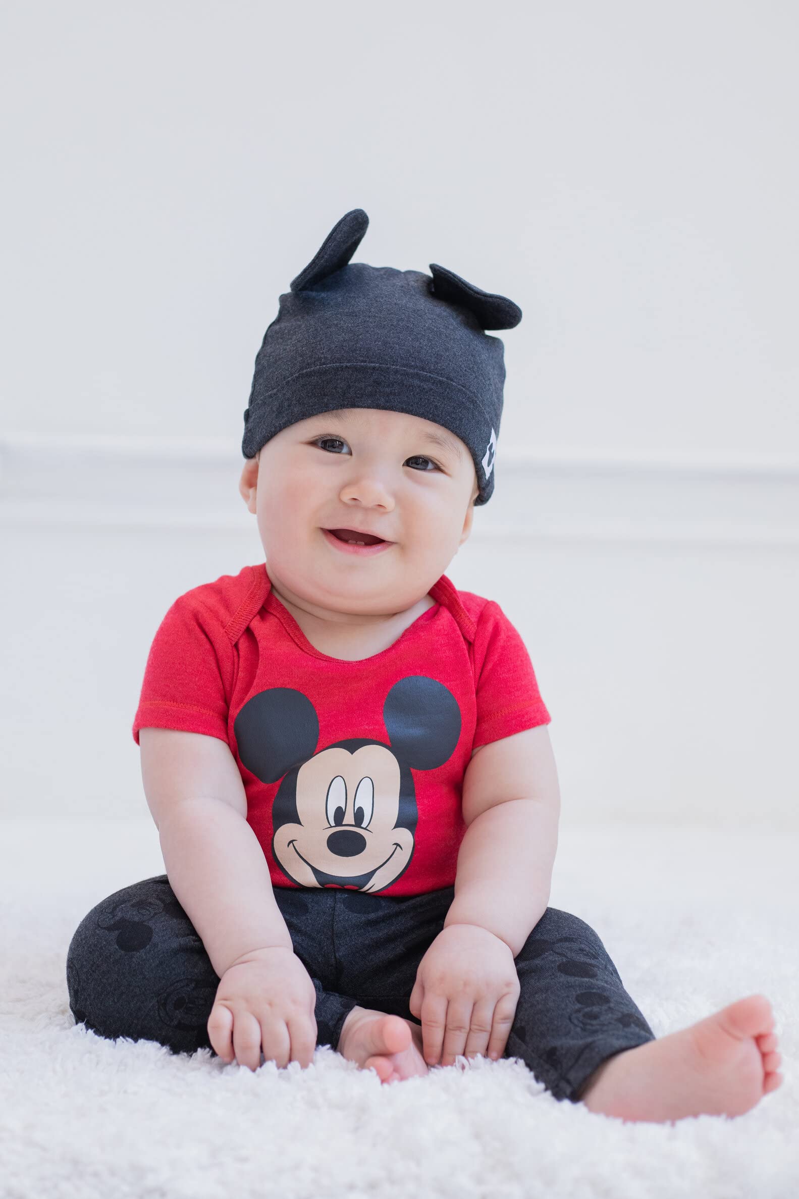 Disney Mickey Mouse Newborn Baby Boys Bodysuit Pants and Hat 3 Piece Outfit Set Red/Gray 6-9 Months