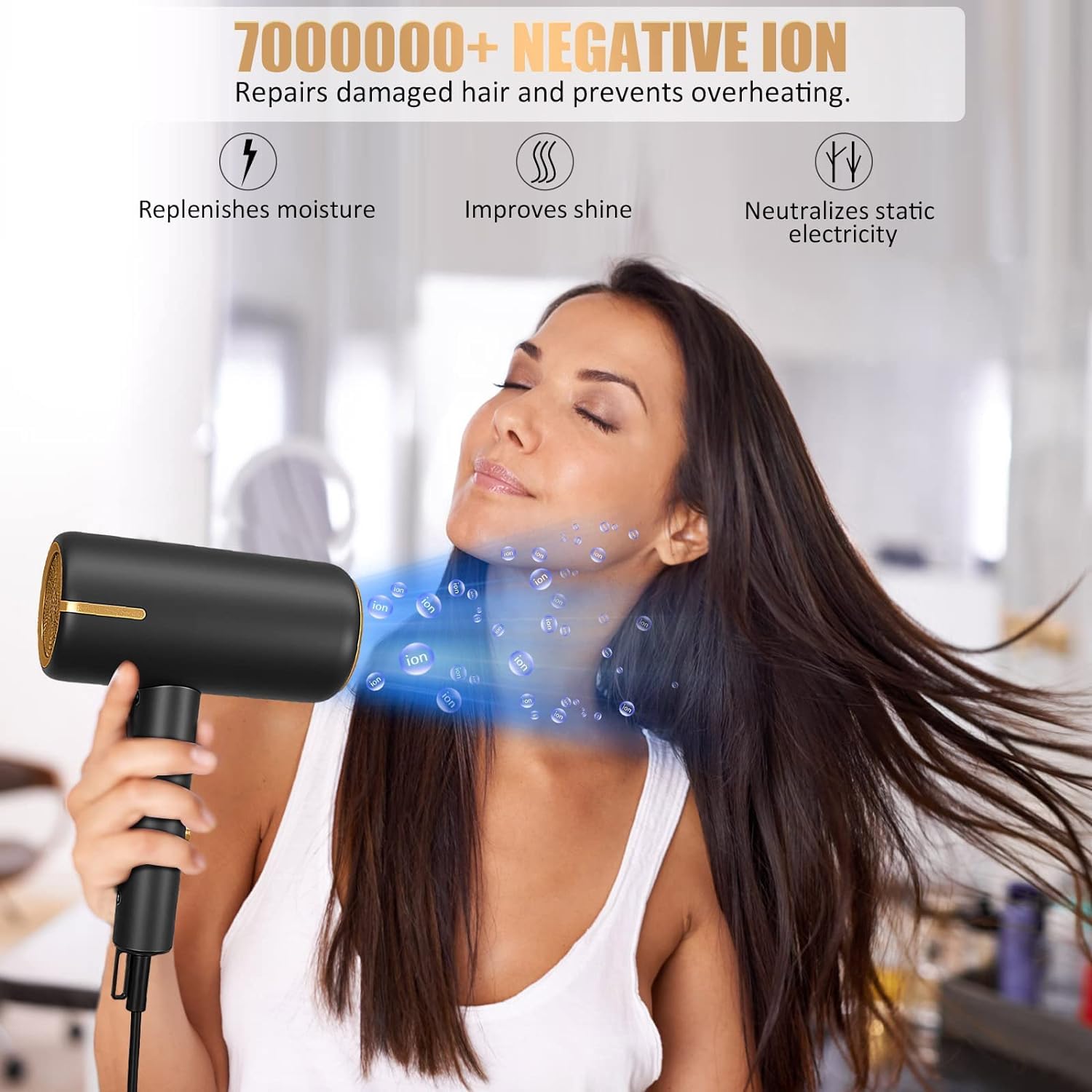 1600W Ionic Hair Dryer, Professional Negative Ion Hair Blow Dryer with Diffuser &2 Nozzles for Curly Hair, Powerful AC Motor, 3 Heating/2 Speed/Cold Settings for Women Men Kids Salon