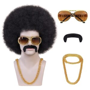 Ebingoo 5Pcs Afro Wig Mens Disco Wig Black 70s Wig for Men 80s Wig Short Curly Wig Rocker Wig Punk Wig for Mens Boys Party Halloween (+1 Wig Cap＋1 Necklace+ 1 Beard + 1 Glasses)