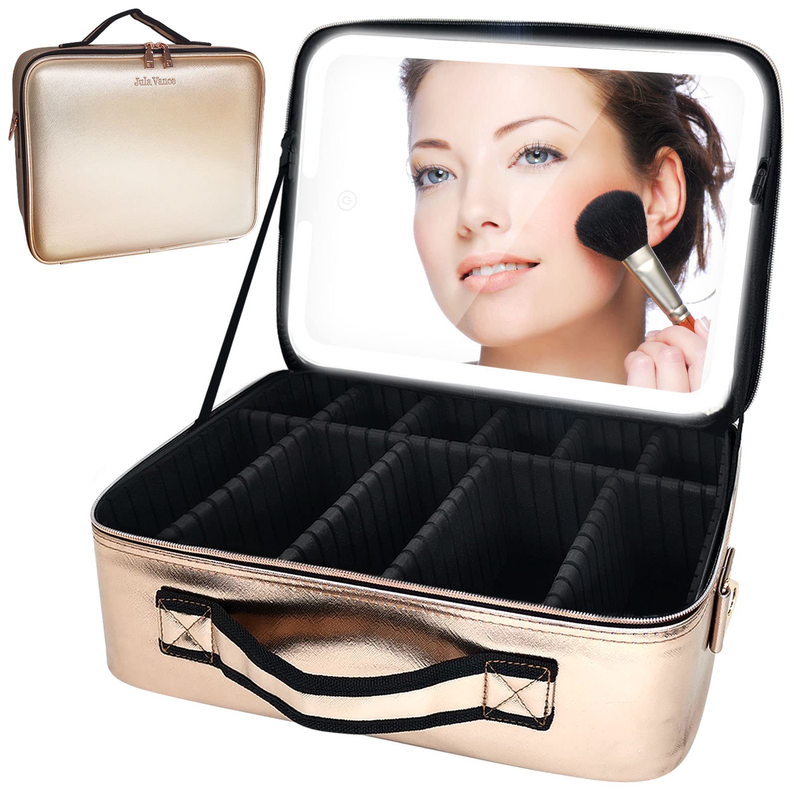 Jula Vance Travel Makeup Case with Removable Large Mirror and Lights 3 Color Adjustable Brightness Dividers with Shoulder Strap Rechargeable,Waterproof,for Travel or Business, Large