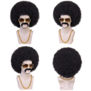 Ebingoo 5Pcs Afro Wig Mens Disco Wig Black 70s Wig for Men 80s Wig Short Curly Wig Rocker Wig Punk Wig for Mens Boys Party Halloween (+1 Wig Cap＋1 Necklace+ 1 Beard + 1 Glasses)