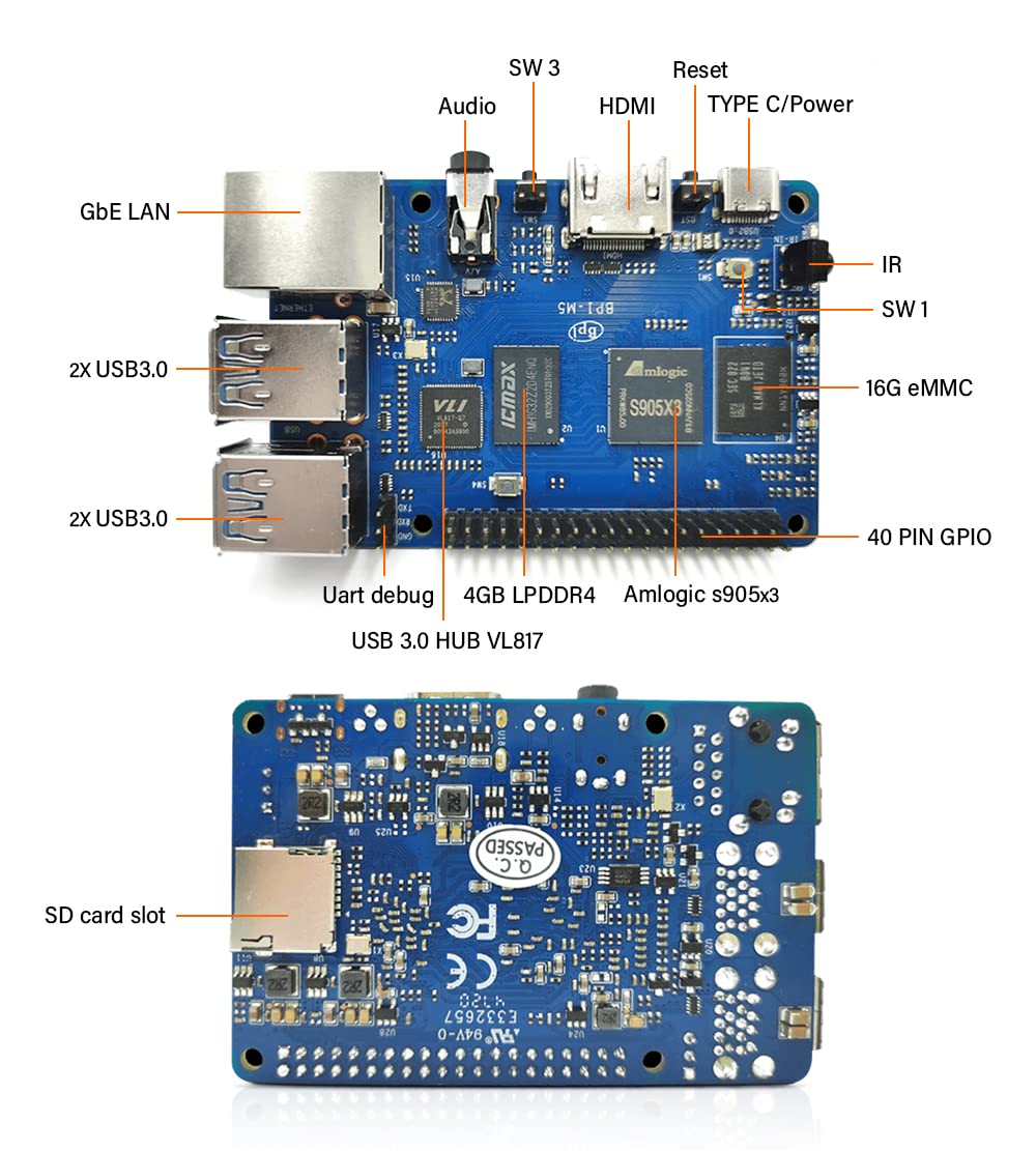 Banana Pi BPI-M5 Amlogic S905X3 Single Board Computer with LPDDR4 4GB RAM and 16GB eMMC Storage for AIOT Support Android Debian Raspbian Armbian