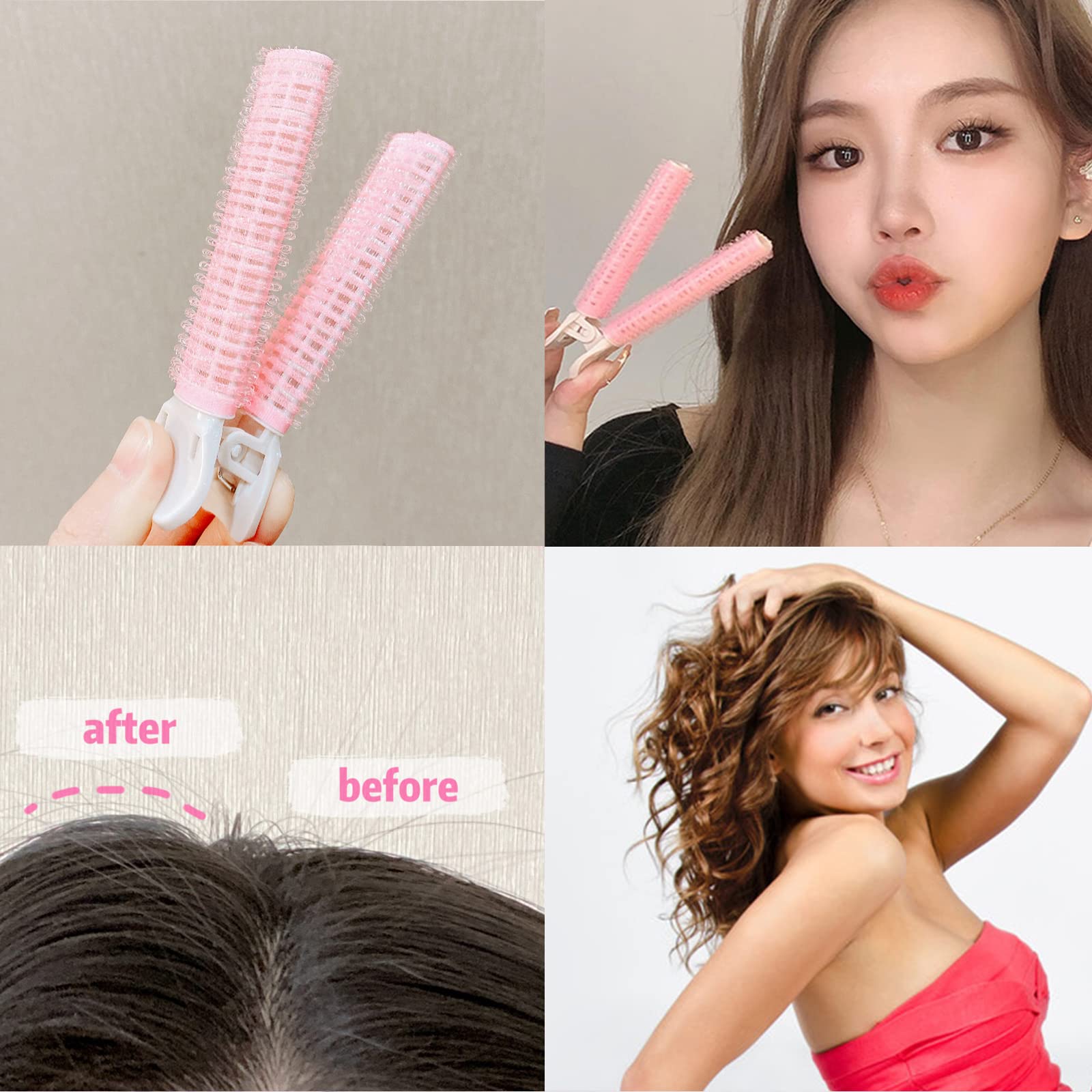 Hair Rollers with Clip Volumizing Bangs Curler DIY Styling Accessories Tool Portable Self Grip Volume Hair Root Clips, 4PCS, Pink (Pink)