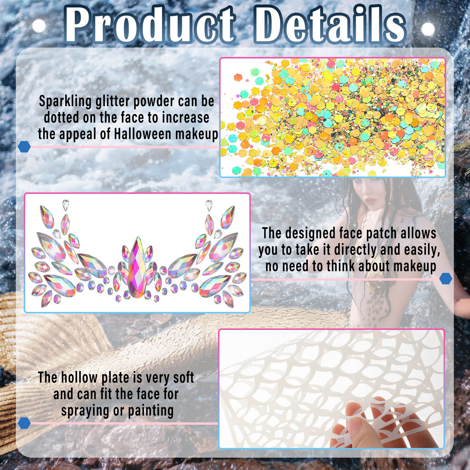 Halloween Mermaid Costume for Women Make up Kit 4 Pcs Mermaid Face Gems with 8 Bottles Holographic Glitter 3 Pcs Mermaid Scales Stencil Rhinestone Face Stickers for Carnival Party (Glitter Style)