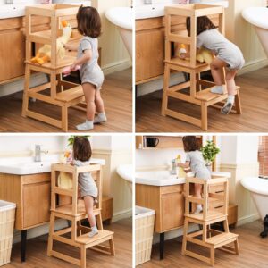 Kitchen Step Stool for Kids with Safety Rail,Toddler Standing Tower for Kitchen Counter, Baby Montessori Stool,Solid Wood Construction,Natural