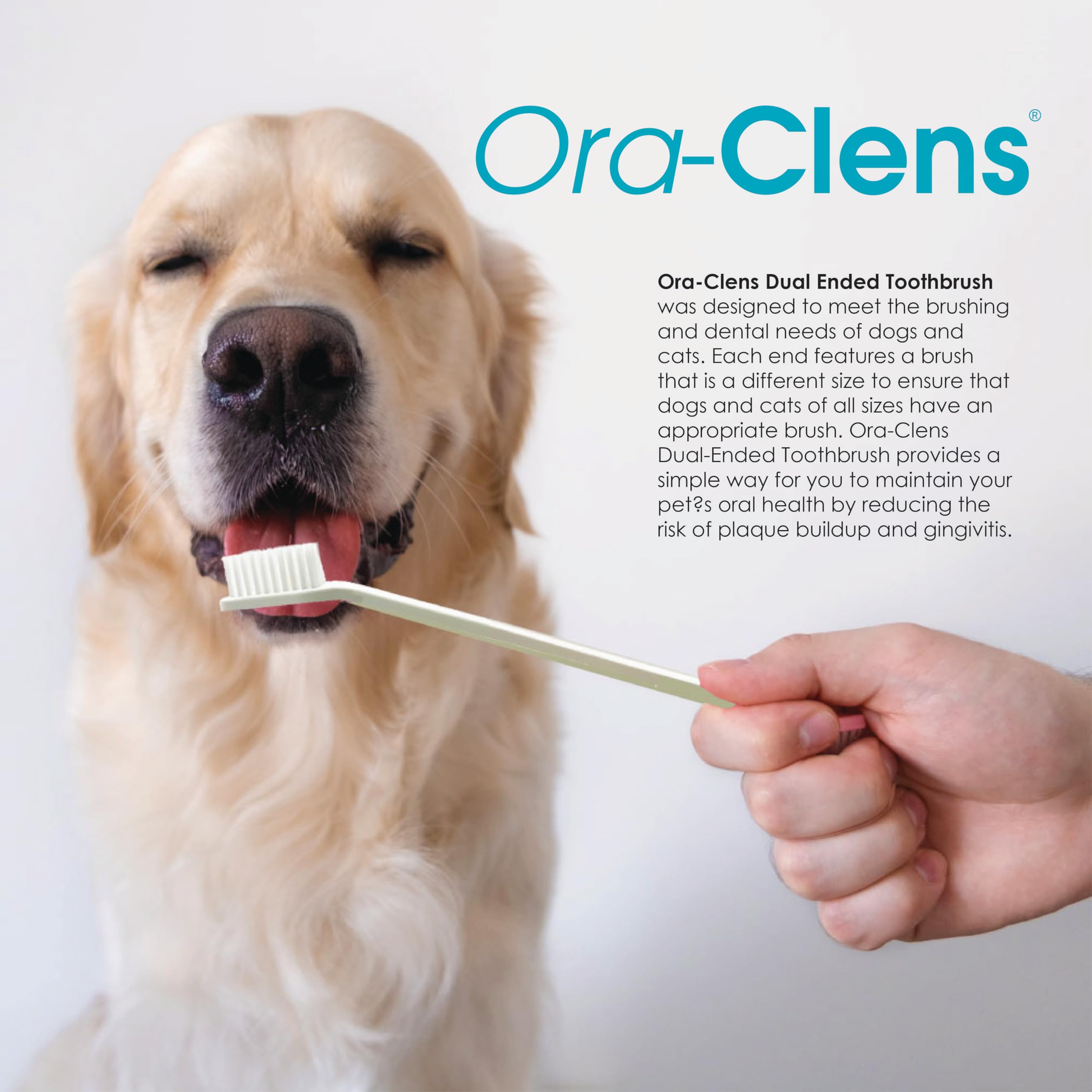 Ora-Clens Dual Ended Toothbrush- Ergonomic Angled Design, Long Flexible Neck, Lightweight, Comfortable, Helps Control Tartar, Plaque & Bad Breath for Dogs and Cats.