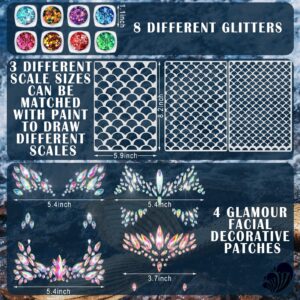 Halloween Mermaid Costume for Women Make up Kit 4 Pcs Mermaid Face Gems with 8 Bottles Holographic Glitter 3 Pcs Mermaid Scales Stencil Rhinestone Face Stickers for Carnival Party (Glitter Style)