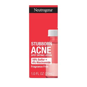 neutrogena stubborn acne spot drying lotion, fragrance-free sulfur acne treatment clears acne by drying up & shrinking pimples, paraben- & oil-free, 10% sulfur & 4% niacinamide, 1.0 fl. oz