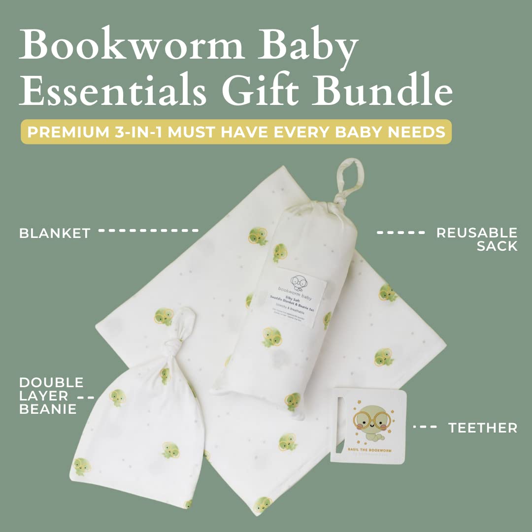 Bookworm Baby Essentials Gift Bundle | Basil The Bookworm Teether and Swaddle Blanket & Beanie Set | Premium 3-in-1 Set for Baby Showers & Newborns