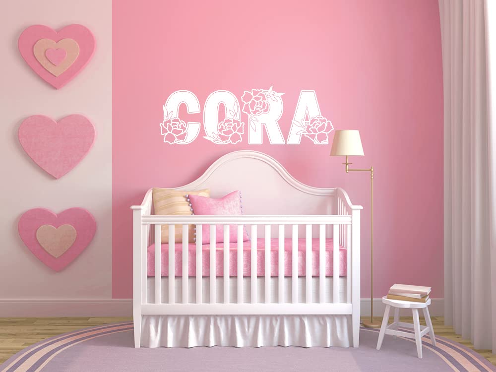 Rose Custom Name Vinyl Wall Decal Sticker Art for Girls, Flower Theme Bedroom and Nursery Room Home Decor for Kids