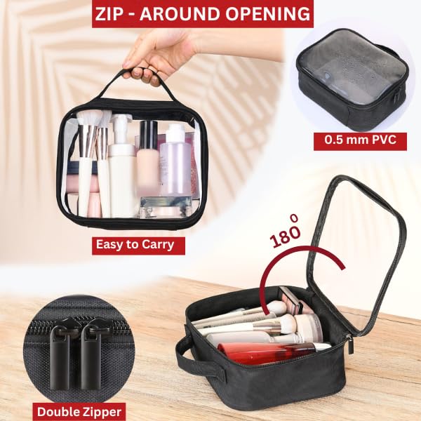 Bolsafy Clear Makeup Bags with Zipper 3pcs in Black, 6.5 x 8.3 inches - Quart Size, TSA Approved Toiletry Bag - Waterproof & Leak-Resistant PVC Clear Travel Bags – Perfect for Women, Men & Kids