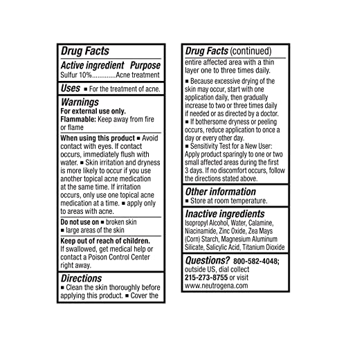 Neutrogena Stubborn Acne Spot Drying Lotion, Fragrance-Free Sulfur Acne Treatment Clears Acne By Drying Up & Shrinking Pimples, Paraben- & Oil-Free, 10% Sulfur & 4% Niacinamide, 1.0 fl. oz