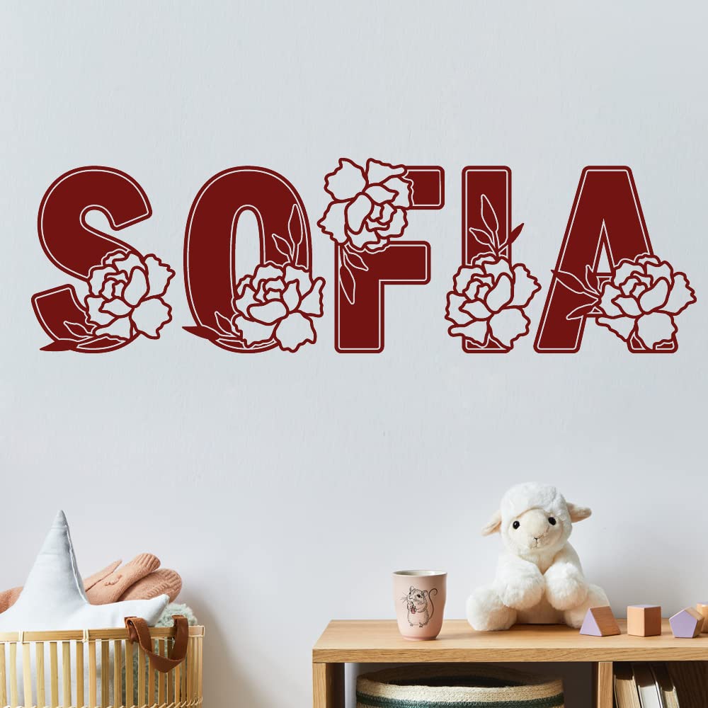 Rose Custom Name Vinyl Wall Decal Sticker Art for Girls, Flower Theme Bedroom and Nursery Room Home Decor for Kids