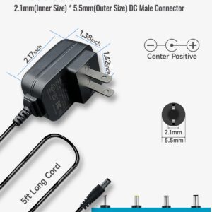 12V 1A 5ft Power Supply Adapter,100-240V 50/60Hz AC to DC 12V 1000mA 12W 5.5mm*2.1mm Universal Wall Charger with DC Connectors 5.5 * 2.5mm/3.5 * 1.35mm/4.0 * 1.7mm, Center Positive, UL FCC VI