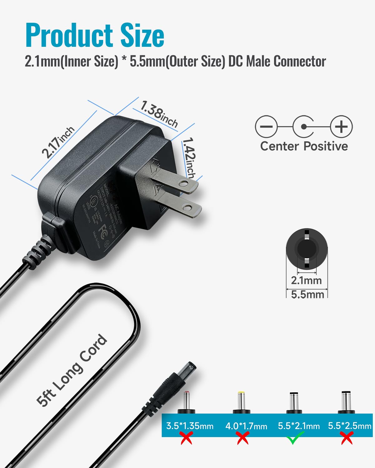 12V 1A 5ft Power Supply Adapter,100-240V 50/60Hz AC to DC 12V 1000mA 12W 5.5mm*2.1mm Universal Wall Charger with DC Connectors 5.5 * 2.5mm/3.5 * 1.35mm/4.0 * 1.7mm, Center Positive, UL FCC VI