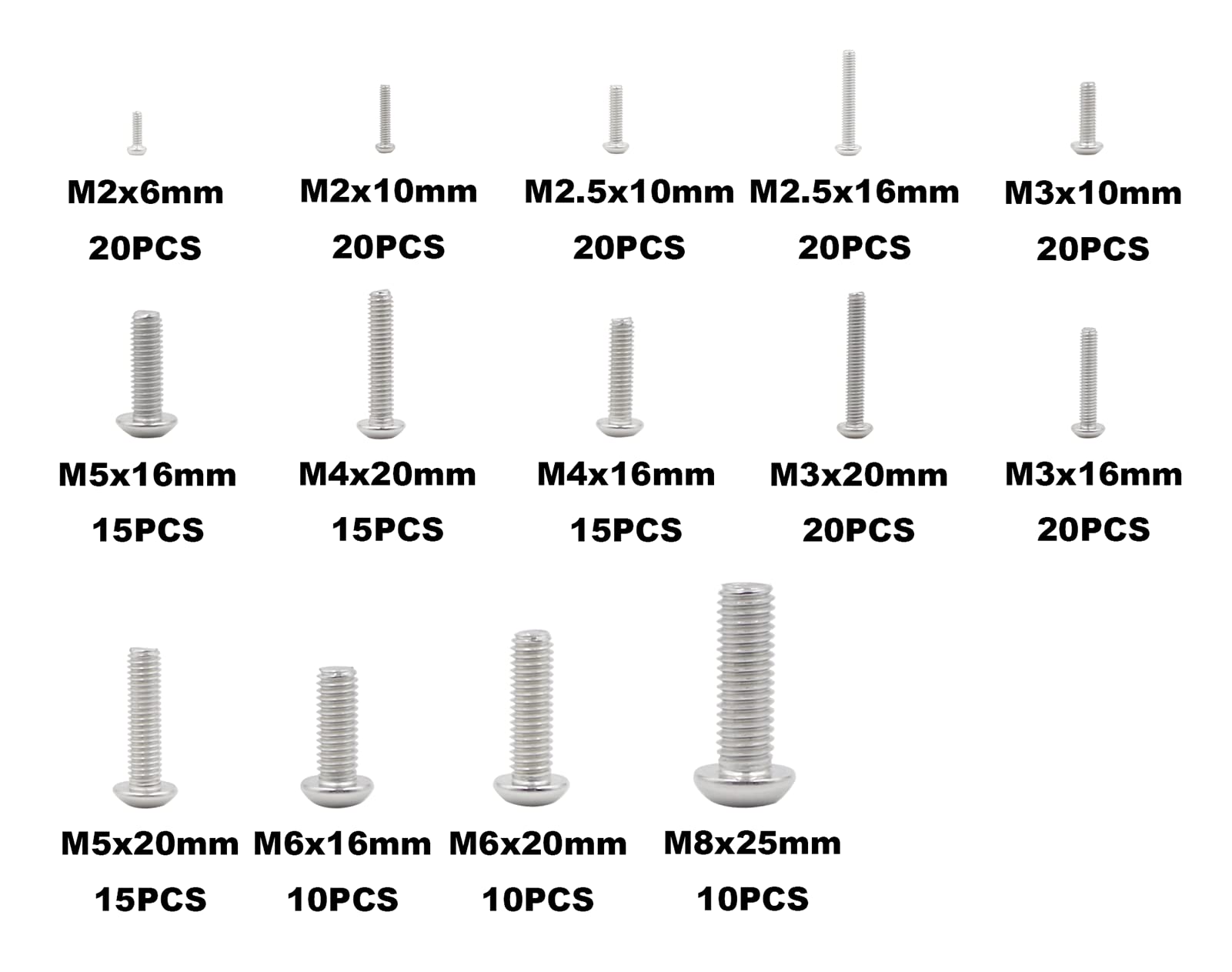 MCMASKE Metric M2 M2.5 M3 M4 M5 M6 M8 304 Stainless Steel Button Head Socket Cap Screws Assortment Kit