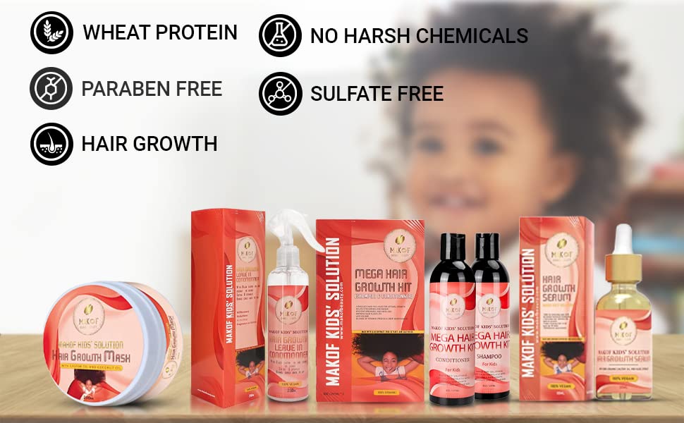 MAKOF Kid’s Hair Growth Set. Shampoo & Conditioner with black castor oil, Wheat Protein, Argan, Jojoba, Aloe Vera, , Mask Treatment and Leave-in, Sulfate Paraben Free, No harsh chemicals.