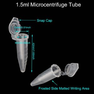 1.5ml Microcentrifuge Tubes with Snap Cap, Polypropylene Graduated, 500 Pcs Sterilized Clear Plastic Small Vials with Caps for Sample Storage Without Leakage