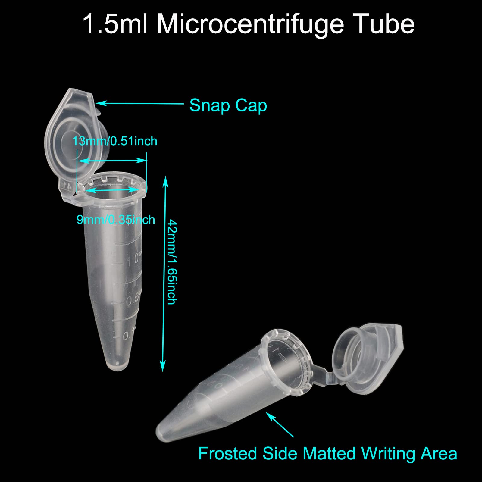 1.5ml Microcentrifuge Tubes with Snap Cap, Polypropylene Graduated, 500 Pcs Sterilized Clear Plastic Small Vials with Caps for Sample Storage Without Leakage