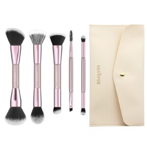 BEASOFEE Makeup Brushes, Duo End Synthetic Foundation Powder Concealers Eye Shadows Makeup Brush Set Foundation Powder 5pcs(Rose Gold)