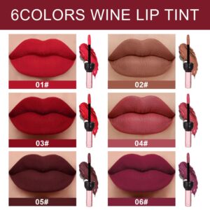 6 Colors Matte Red Wine Liquid Lipstick Pack Set,Wine Lip Tint Long Lasting 24 Hour Waterproof Velvet Nonstick Cup Lipgloss Lip Stain Pigmented Lip Makeup Gift Sets for Girls and Women Labiales