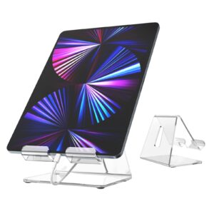 JINSHVEG Acrylic Desk Tablet Stand, Clear Tablet Holder, Desktop iPad Stand, Compatible with Tablet Such As iPad Air Mini Pro, Phone 13 Pro 12 Mini 11 XS Max XR X 6 7 8 Plus (4-13 inch)