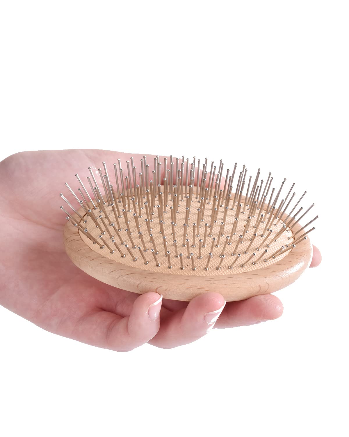 KELANYIS Hair Brush, Steel Needle, Mini, Massages Scalp, Travels Easy, All Hair Types, Unisex, 1.0 Count, GI, Oblong, Metal, Wood, Rubber