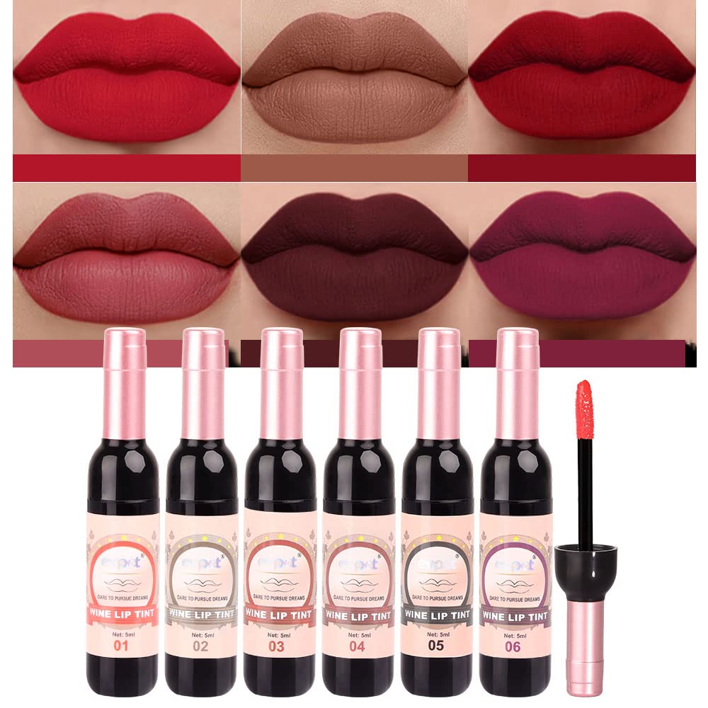 6 Colors Matte Red Wine Liquid Lipstick Pack Set,Wine Lip Tint Long Lasting 24 Hour Waterproof Velvet Nonstick Cup Lipgloss Lip Stain Pigmented Lip Makeup Gift Sets for Girls and Women Labiales