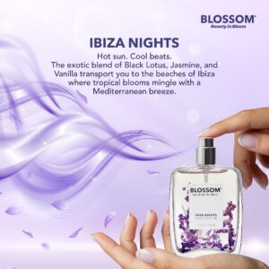 Blossom Unisex Eau De Parfum, Cruelty Free & Vegan Fragrance, Plant-based Perfume Spray with Real Flowers, Made in USA, 1.7oz, (Black Lotus, Jasmine, Vanilla, Mango, Spiced Blackberry), Ibiza Nights