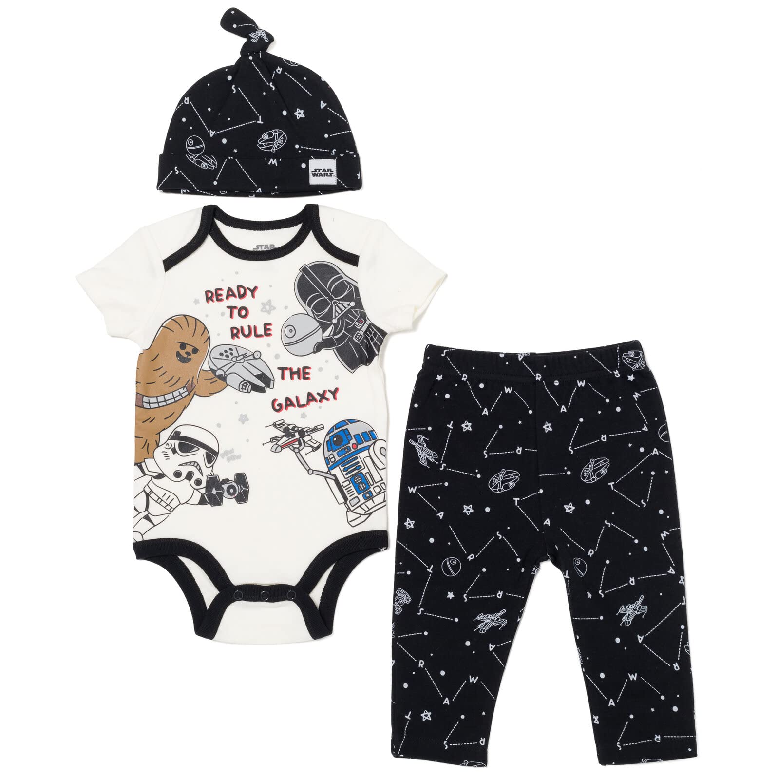 STAR WARS Darth Vader Chewbacca Newborn Baby Boys 3 Piece Outfit Set: Cuddly Bodysuit Pants Hat White/Black 0-3 Months