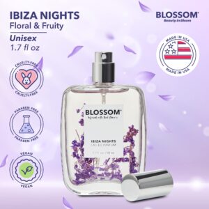 Blossom Unisex Eau De Parfum, Cruelty Free & Vegan Fragrance, Plant-based Perfume Spray with Real Flowers, Made in USA, 1.7oz, (Black Lotus, Jasmine, Vanilla, Mango, Spiced Blackberry), Ibiza Nights