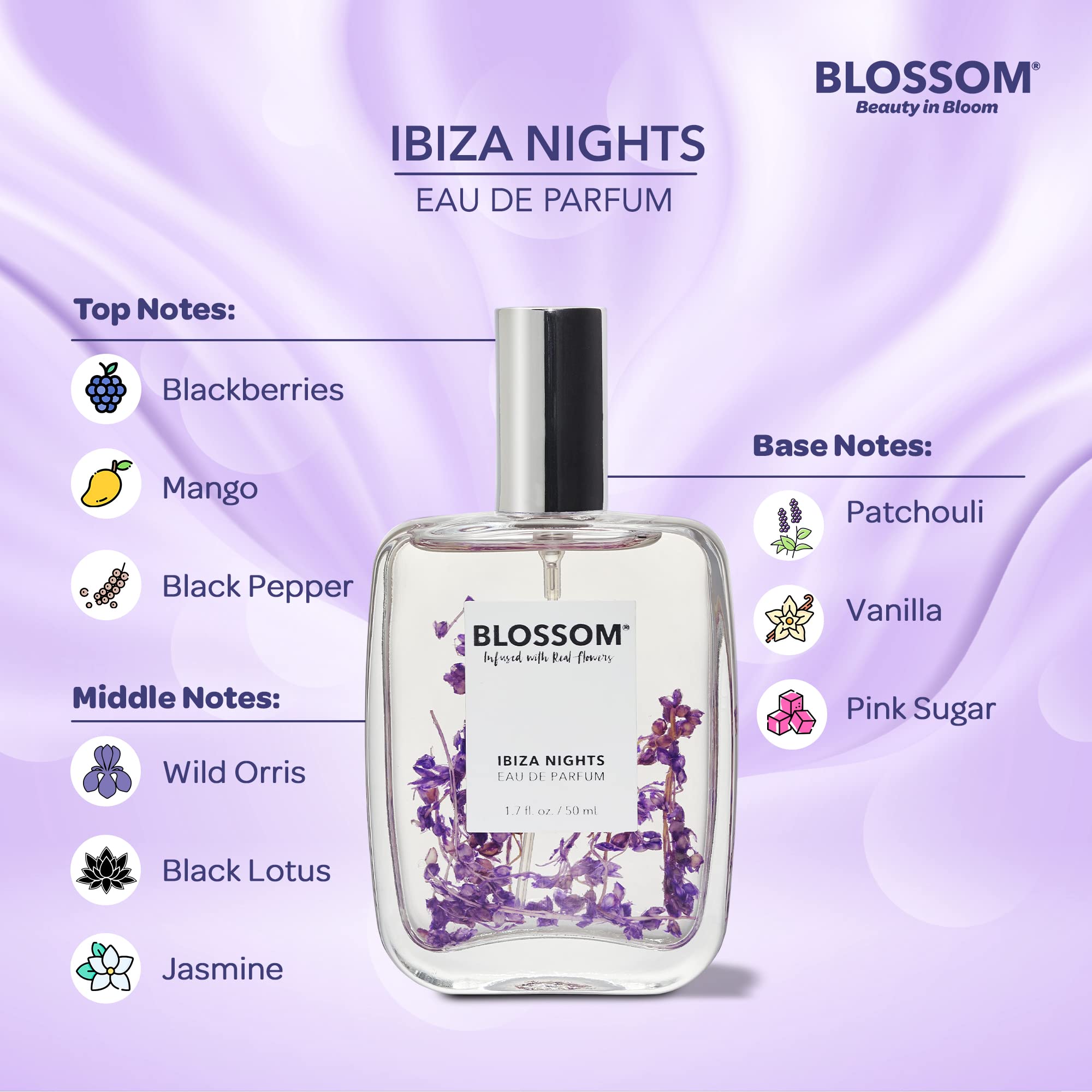 Blossom Unisex Eau De Parfum, Cruelty Free & Vegan Fragrance, Plant-based Perfume Spray with Real Flowers, Made in USA, 1.7oz, (Black Lotus, Jasmine, Vanilla, Mango, Spiced Blackberry), Ibiza Nights