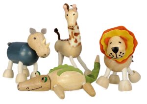 tekor bendable safari wooden animals (set of 4) | early learning montessori toy for toddlers & kids. includes a lion, alligator, rhino, giraffe. smooth wood, bendable legs, child friendly.