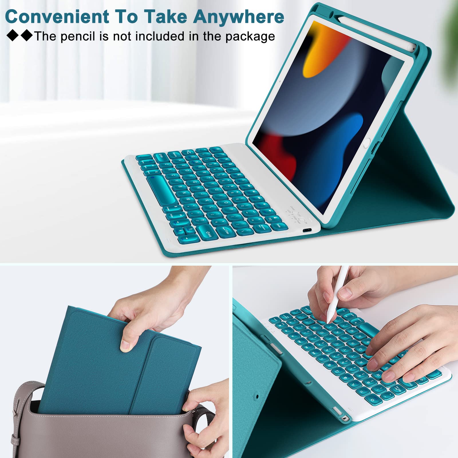 Eisuiyi iPad 10.2 Case with Keyboard for iPad 9th/8th/7th Gen, Compatible with iPad Air3/iPad Pro10.5, Detachable BT Keyboard with Magentic Protective Cover, Built-in Pencil Holder, Teal