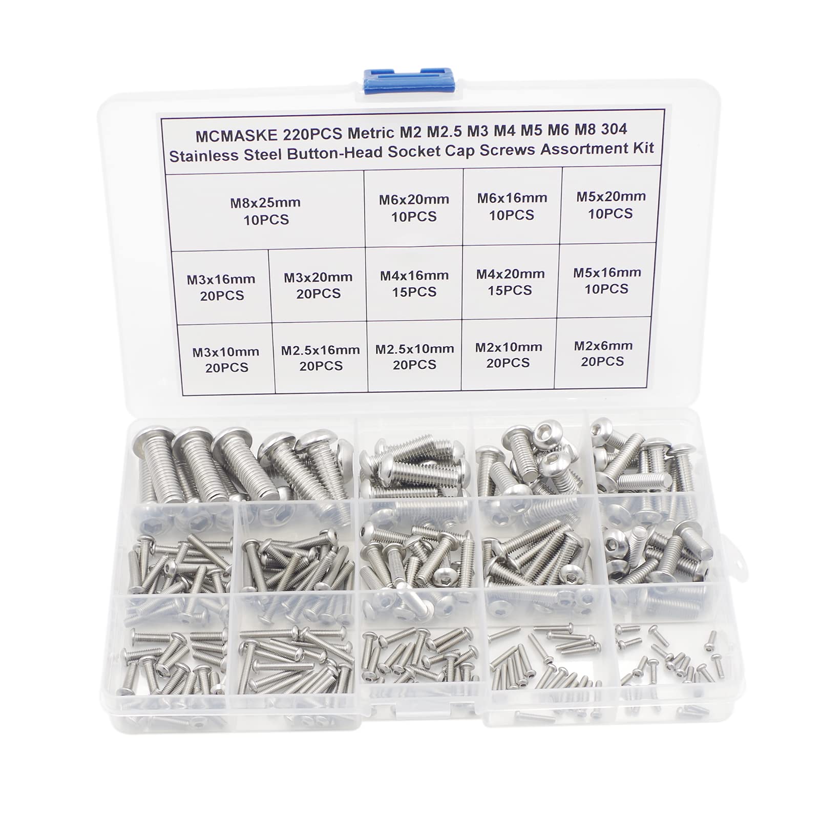 MCMASKE Metric M2 M2.5 M3 M4 M5 M6 M8 304 Stainless Steel Button Head Socket Cap Screws Assortment Kit