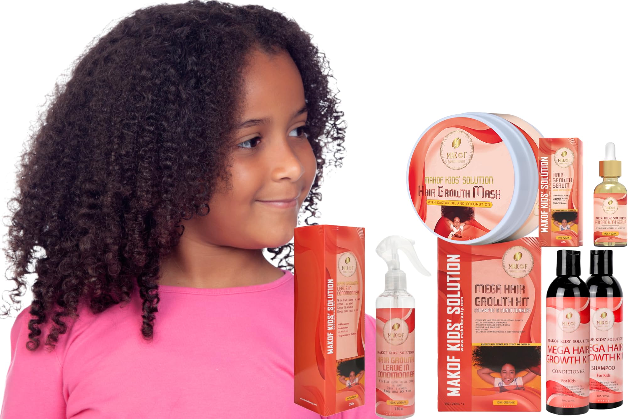 MAKOF Kid’s Hair Growth Set. Shampoo & Conditioner with black castor oil, Wheat Protein, Argan, Jojoba, Aloe Vera, , Mask Treatment and Leave-in, Sulfate Paraben Free, No harsh chemicals.