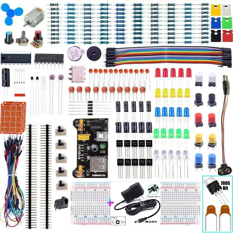 California JOS Electronics Component Fun Kit (Breadboard Super Kit) Bundle with Breadboard Cable Resistor, Capacitor, LED, Potentiometer, for Arduino, Respberry Pi