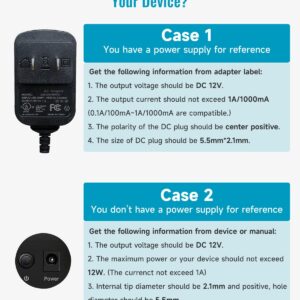 12V 1A 5ft Power Supply Adapter,100-240V 50/60Hz AC to DC 12V 1000mA 12W 5.5mm*2.1mm Universal Wall Charger with DC Connectors 5.5 * 2.5mm/3.5 * 1.35mm/4.0 * 1.7mm, Center Positive, UL FCC VI