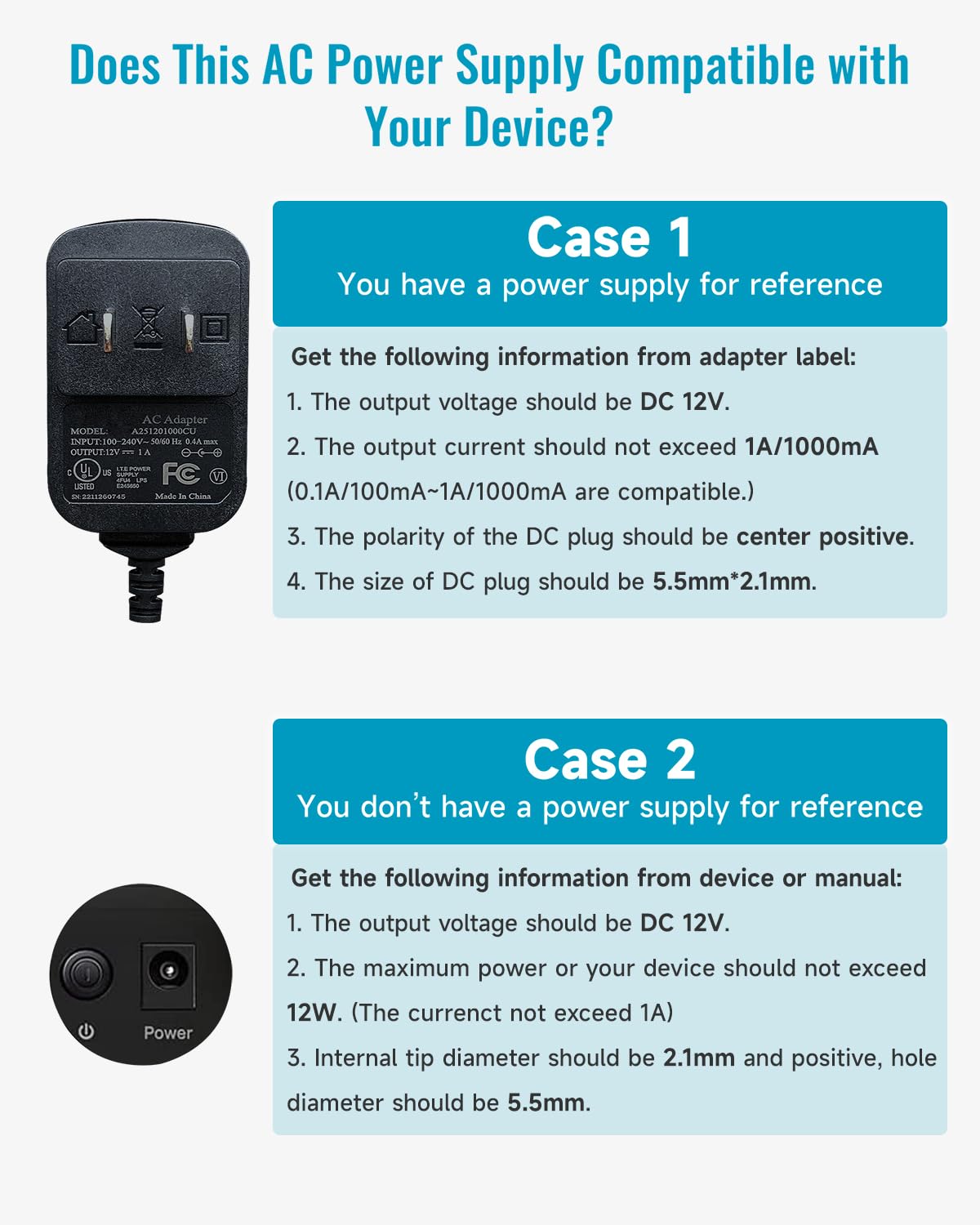 12V 1A 5ft Power Supply Adapter,100-240V 50/60Hz AC to DC 12V 1000mA 12W 5.5mm*2.1mm Universal Wall Charger with DC Connectors 5.5 * 2.5mm/3.5 * 1.35mm/4.0 * 1.7mm, Center Positive, UL FCC VI