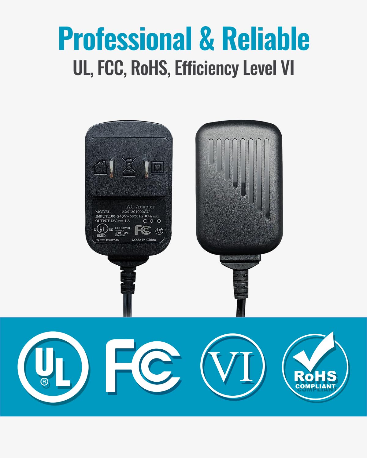 12V 1A 5ft Power Supply Adapter,100-240V 50/60Hz AC to DC 12V 1000mA 12W 5.5mm*2.1mm Universal Wall Charger with DC Connectors 5.5 * 2.5mm/3.5 * 1.35mm/4.0 * 1.7mm, Center Positive, UL FCC VI