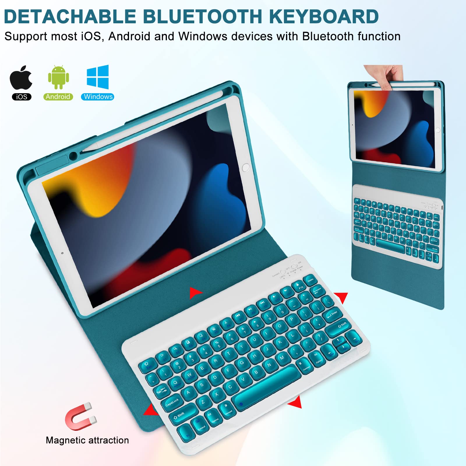 Eisuiyi iPad 10.2 Case with Keyboard for iPad 9th/8th/7th Gen, Compatible with iPad Air3/iPad Pro10.5, Detachable BT Keyboard with Magentic Protective Cover, Built-in Pencil Holder, Teal