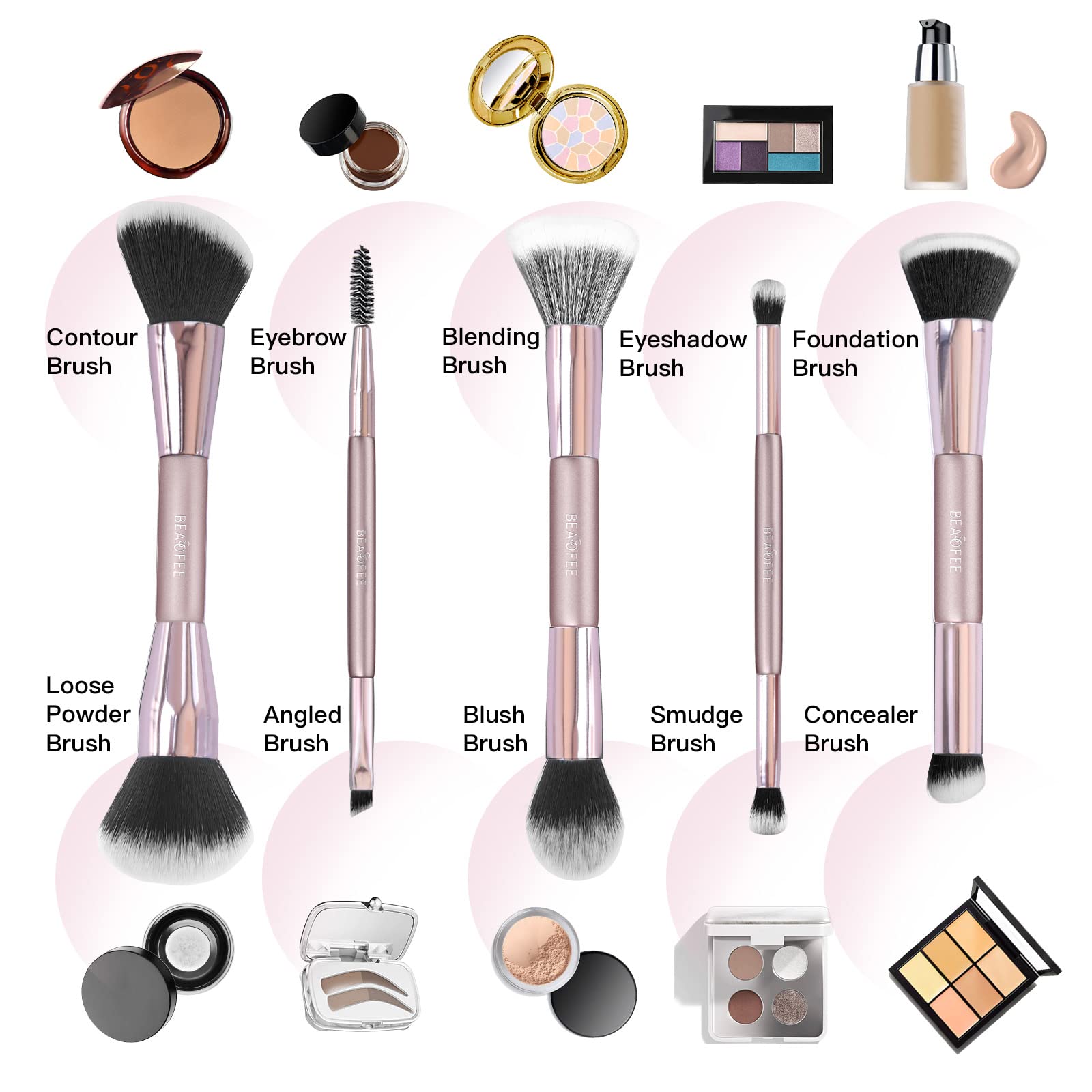 BEASOFEE Makeup Brushes, Duo End Synthetic Foundation Powder Concealers Eye Shadows Makeup Brush Set Foundation Powder 5pcs(Rose Gold)